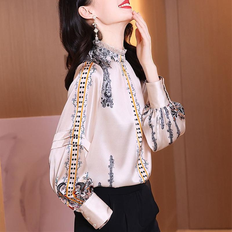 

Women's Blouses & Shirts Spring And Autumn High-end French Shirt Women's Lace Collar Satin Top Mulberry Silk Print Small ShirtWomen's, Apricot