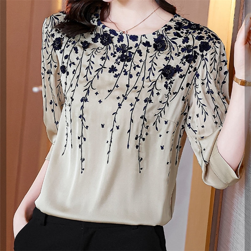 

Women Elegant Blouses Print Round Neck Hafl Sleeve Loose Casual Elegante Satin Ladies Spring Summer Top Blusas DM0044 220407, Creamy-white