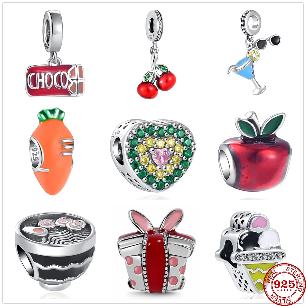 925 Sterling Silver Dangle Charm New Carrot Apple Cherry Coffee Chocolate Wine Glass Beads Bead Fit Charms Bracelet DIY Jewelry Accessories