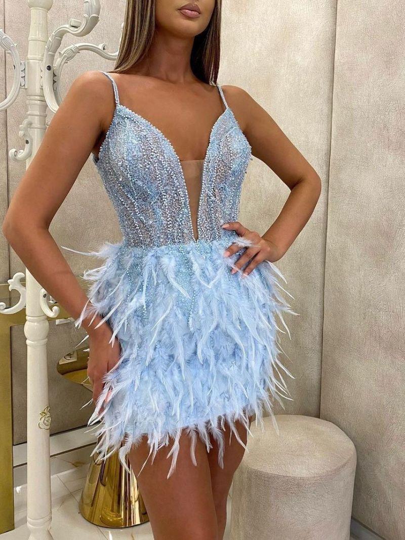 Robes décontractées élégantes femmes Banquet soirée Sexy sans manches courte plume bleu robe 2022 été mode décontracté