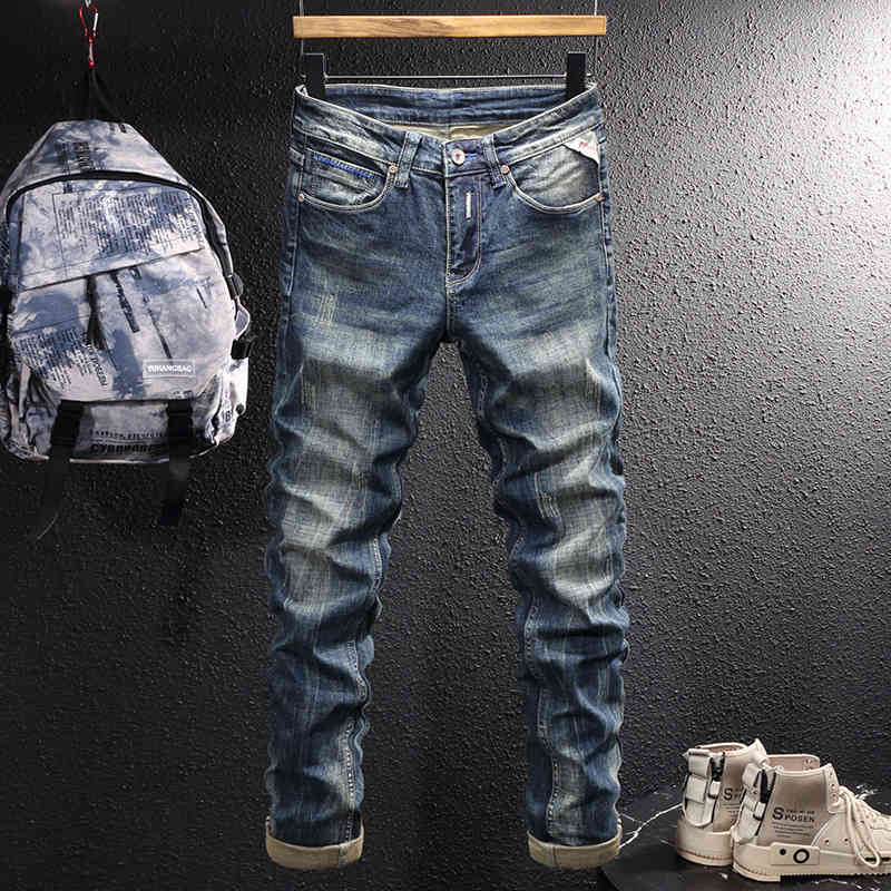 

Fashion brand used jeans trend simple and versatile loose straight men's fashion pants, Worn yellow and blue