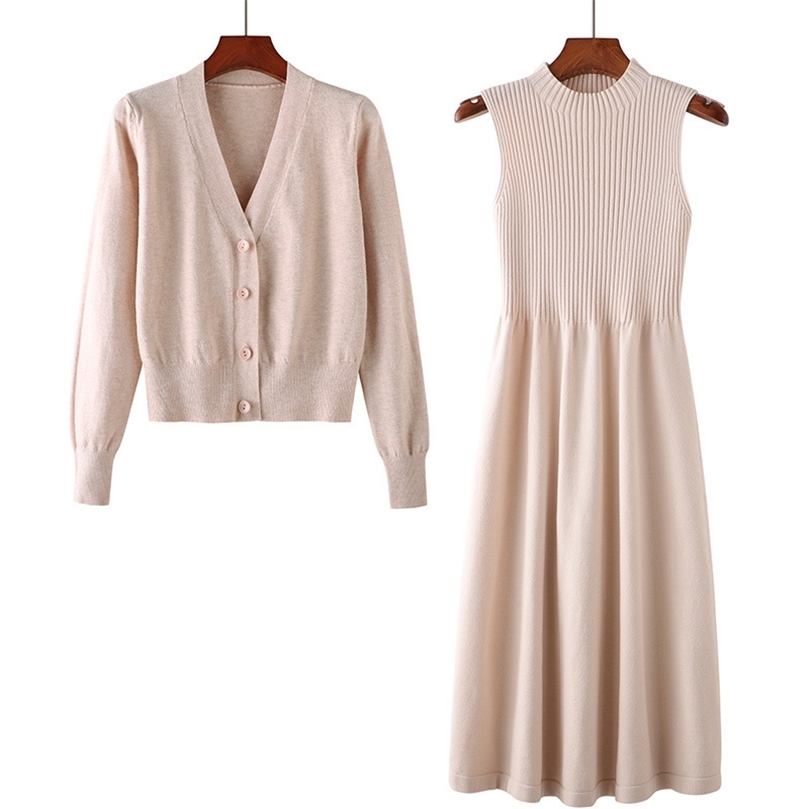 

spring and autumn longsleeved vneck top twopiece suit sweater dress wild loose knit cardigan women 220813, Blue
