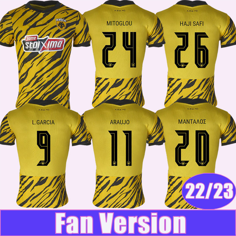 

22 23 AEK Athens ARAUJO MANTALOS Mens Soccer Jerseys L.GARCIA N.AMRABAT MITOGLOU SZYMANSKI Limited Edition Yellow Football Shirts Uniforms, Qm9563 22 23 limited edition no patch