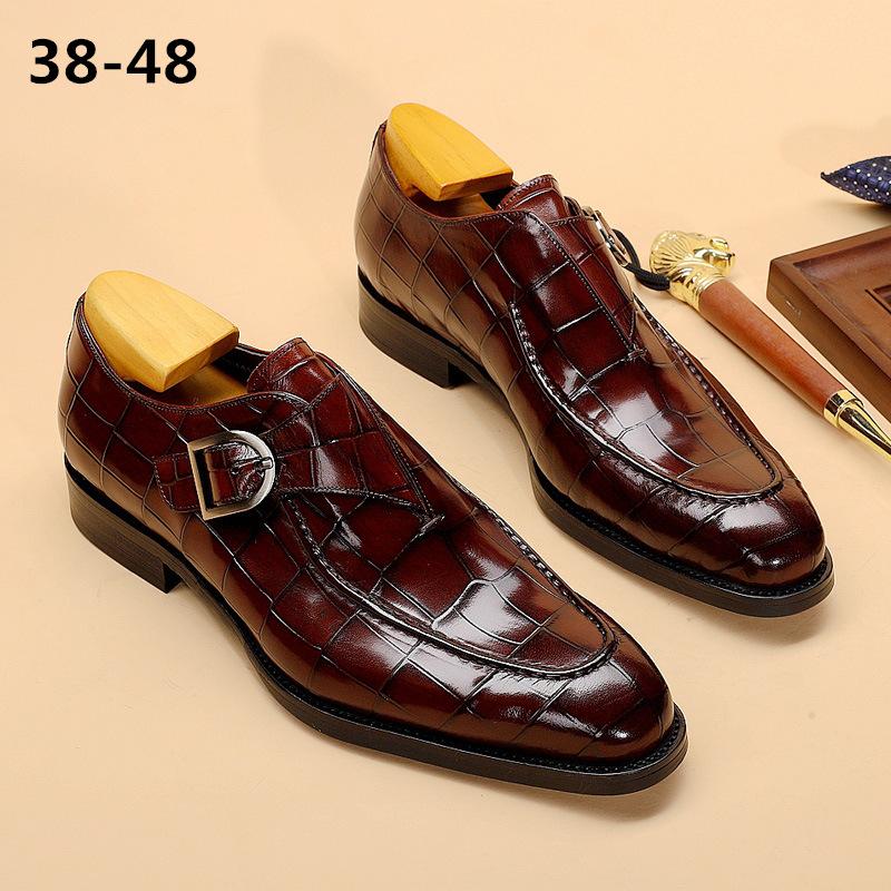 

Dress Shoes Men Leather Monk Square Toe High Low Heel Solid Color Buckle Autumn Patent, Red
