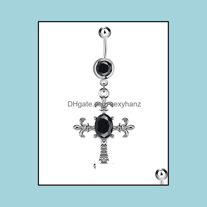 

Navel Bell Button Rings Body Jewelry Stainless Steel Belly Dangle Ring Cross Simple Design Rhinestone Piercing Fashion Wholesale Drop Deli