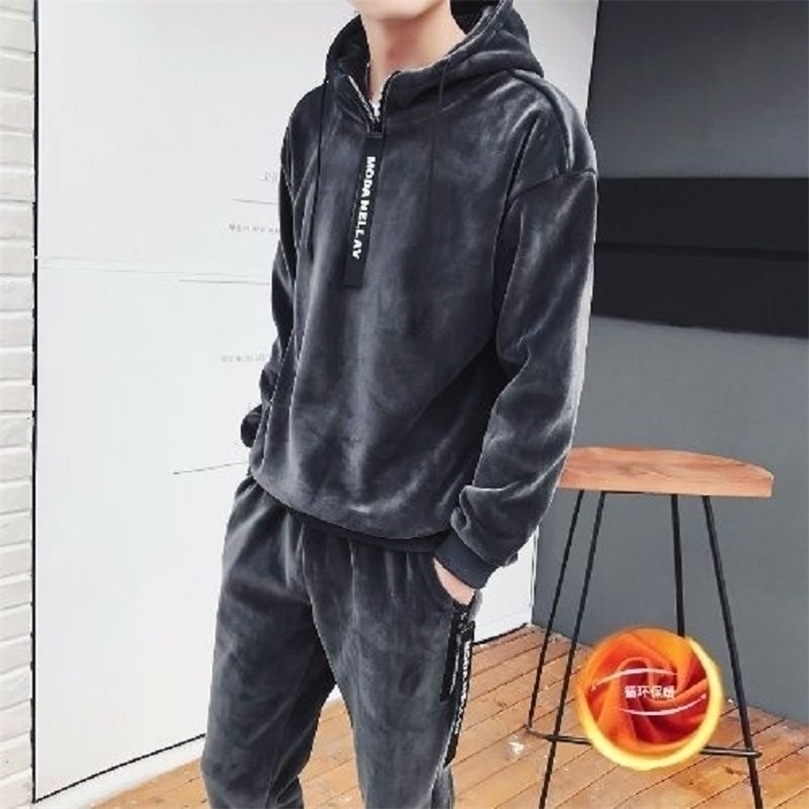 

men clothing autumn and winter Korean fashion double-sided fleece hooded men's sweater thickened sports two-piece suit 201128, Gray suit