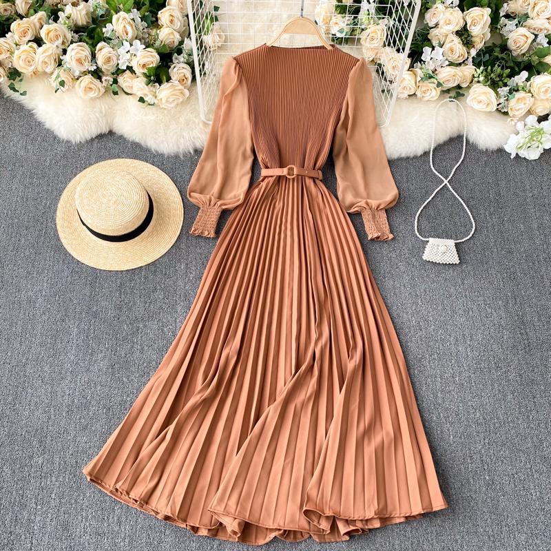 

Casual Dresses 2022 Spring Autumn Women Chiffon Long Dress High Waist Solid Color Loose Elegant Puff Sleeve Pleated Belt, Black