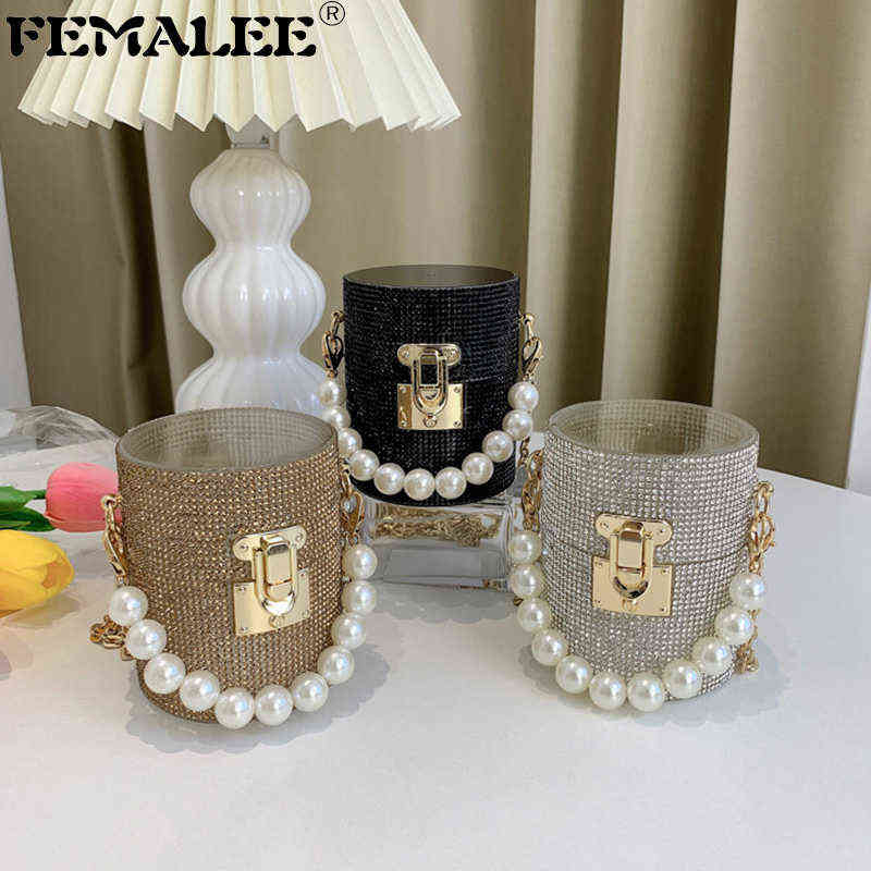 New Designer Trending Purses And Handbags Women Rhinestone Diamond Bucket Bag Evening Bridal Party Pearl Chains Lipstick Clutch Y220609