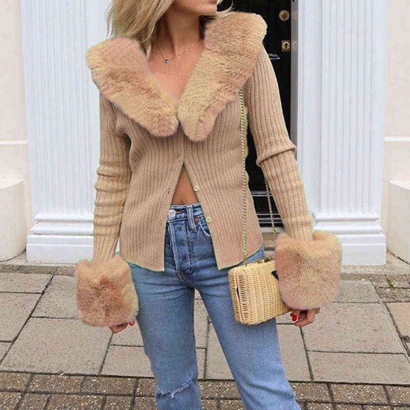 

2021 New Fur Collar Top Slim Tight Knitted Jacket Female Feel Vest Casual V Neck Solid Sweater J220719, Beige
