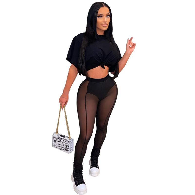 

Women' Two Piece Pants Fashion Sexy Mesh Set Women Solid Color Street Hipster Short Sleeves Sheer Trousers Two-Piece SetWomen, Black