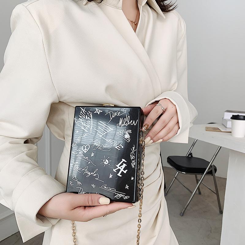 

Evening Bags Fashion Cartoon Printed Acrylic Box Ladies Chain Shoulder Bag Casual Party Clutch Female Purses And Handbags Designer 2022, Black