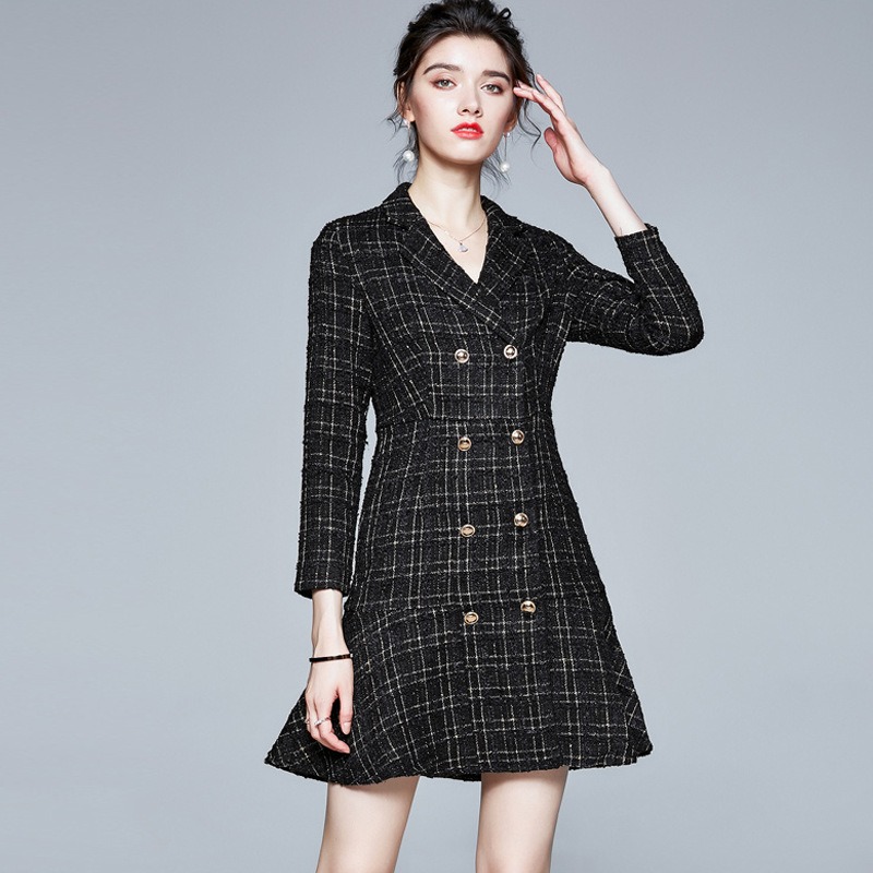 

Button Detail Plaid Tweed Dress X69y#, Black
