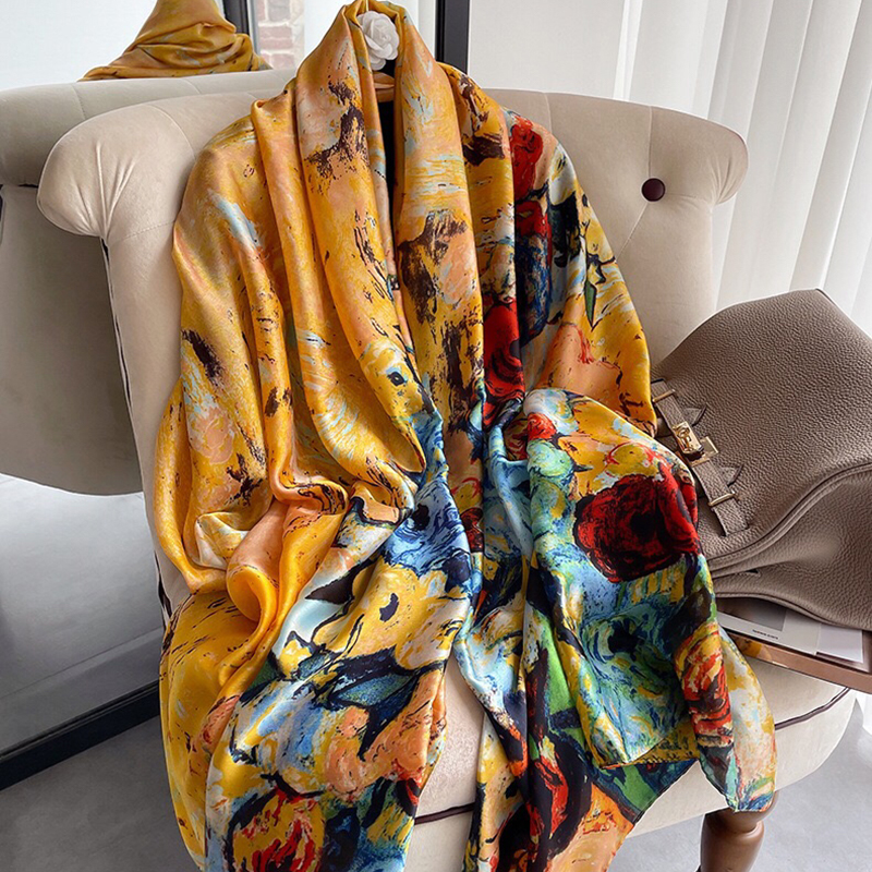 

2022 luxury brand ladies spring and summer long scarf silk scarf shawl digital painted shawl van Gogh oil painting pashmina lady