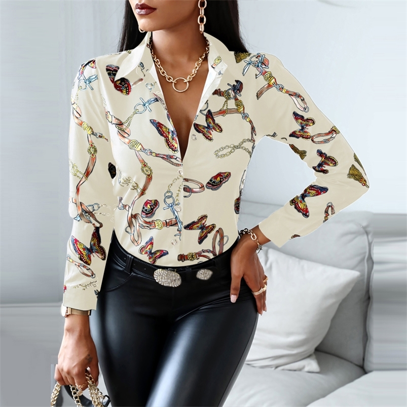 

Womens Blouse Fashion Sexy Floral Printed Women Elegant VNeck Loose Long Sleeve Shirts Tops Casual Streetwear 220813, Red