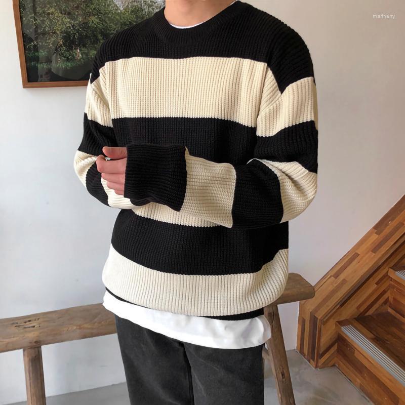 

Men's Sweaters Striped Knitted Sweater Men Clothing Autumn Winter Harajuku Casual Loose O Neck Pullover Korean Style Fashion Knit WomenMen's, Black