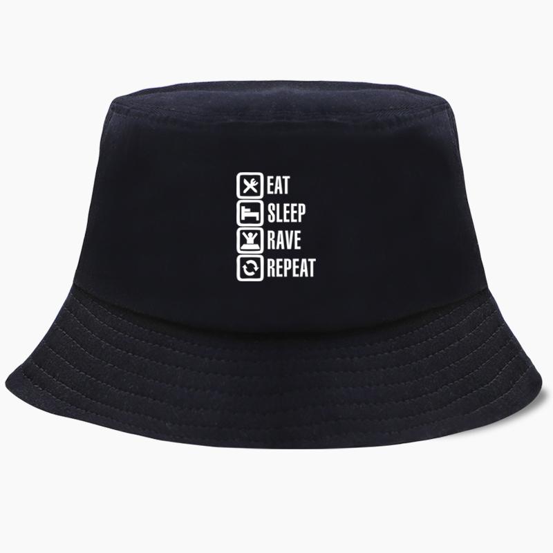 

Berets Eat Sleep Rave Repeat Bob Bucket Hats Summer Mens Panama Women Fisherman Hat Cotton Korean Black Caps Hip Hop Beach Print CapBerets, White 1