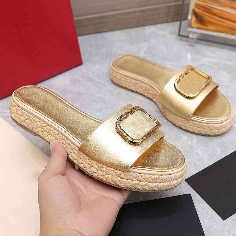 

Gold Platform Slides Slippers Fashion Metal Buckle Real Leather 2CM Straw Luxury Women Slider Sandals Summer Flip Flops, 5#
