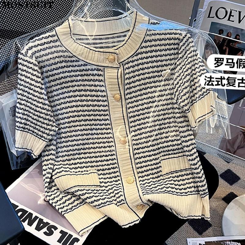 

Women's Knits & Tees Summer Elegant Vintage Knit Cardigan Women Korean Fashion Ladies Chic Sweater Short Sleeve Gold Buttons Female Top Time, Pink
