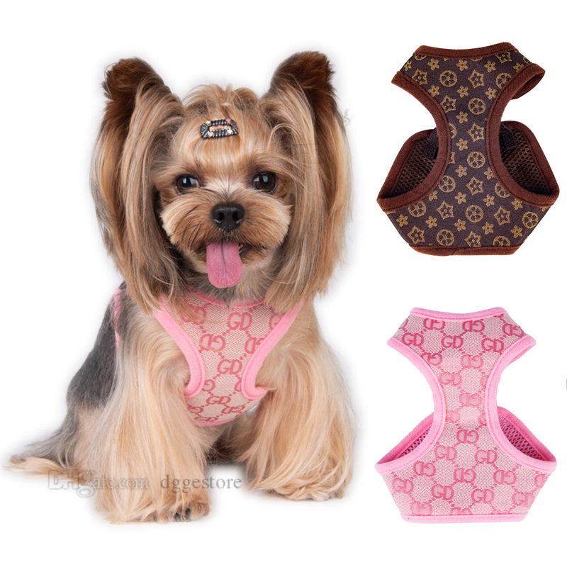 

Designer Dog Harness Leashes Set Classic Jacquard Lettering Step-in Dog Harnesses Soft Air Mesh Pet Vest for Small Dogs Cat Teacup Puppies Shih Tzu Poodle Brown S