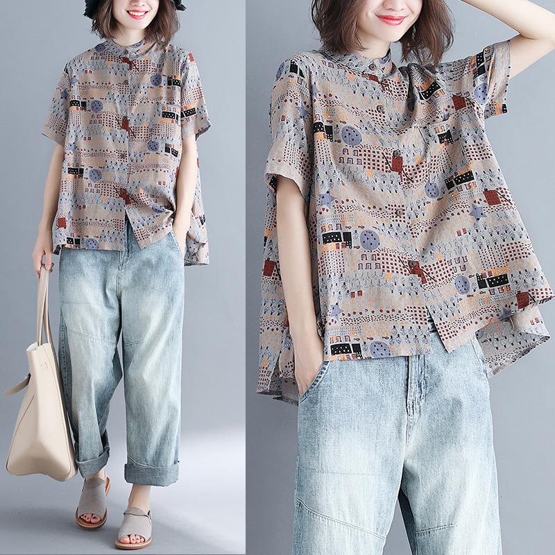

Women's Blouses & Shirts Cotton And Linen Stand Collar Top 2022 Summer Loose Cartoon Printed Aging Shirt Women's FashionWomen's, Picture color