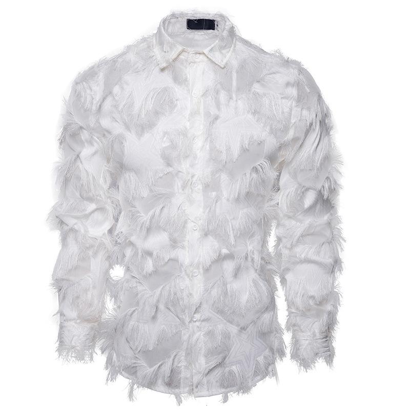 

Men' Dress Shirts White Black Feather Lace Shirt Men 2022 Fashion See Through Clubwear Mens Event Party Prom Transparent ChemiseMen