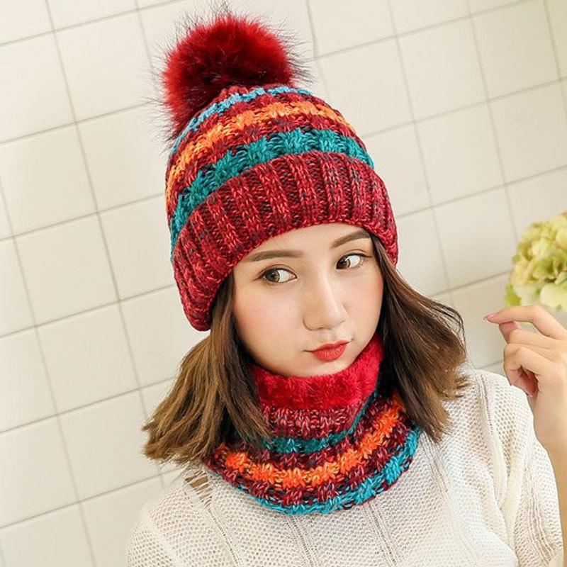 

Beanie/Skull Caps Hat Female Bib Set Autumn And Winter Korean Student Cycling Knit Plus Velvet Thick Woolen Fur Ball CapBeanie/Skull