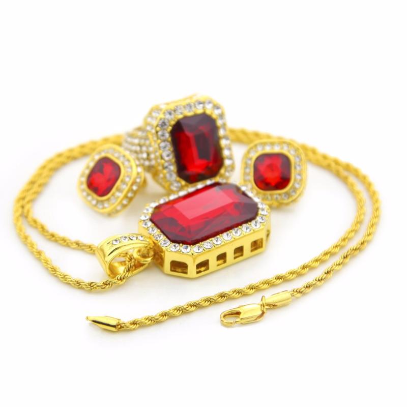 

Earrings & Necklace Hip Hop Men Jewelry Set Gold Color Iced Out Rhinestone Square Crystal Rings With Red Stone Pendant Earring 3 PCS SetEarr, As pic