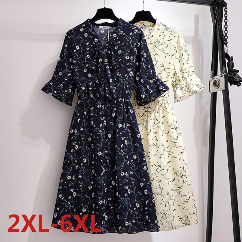 

Plus Size Dresses Summer Bow Collar Mid-Calf High Waist Dress Big Printed Floral Elegant Office Ladies Chiffon Tunic Midi Dress, A0415-yellow
