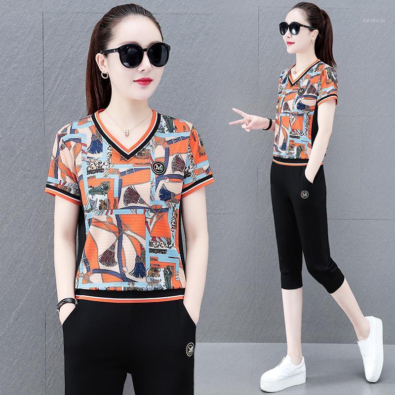 

Women's Two Piece Pants 2022 Fashion Printing V Neck Short Sleeved Running Casual Cropped Set Women Orange Blue