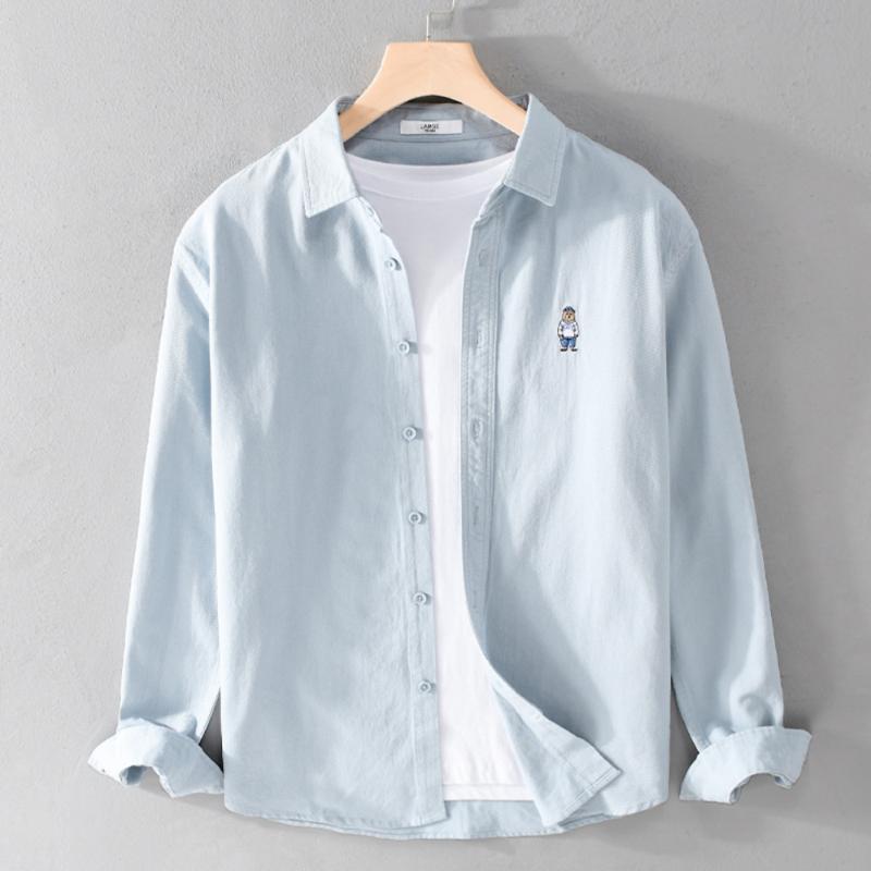 

Men's Casual Shirts Long Sleeve Bear Embroidered Cotton For Men Trend Comfortable Top Clothes Camisas De Hombre ChemiseMen's, White