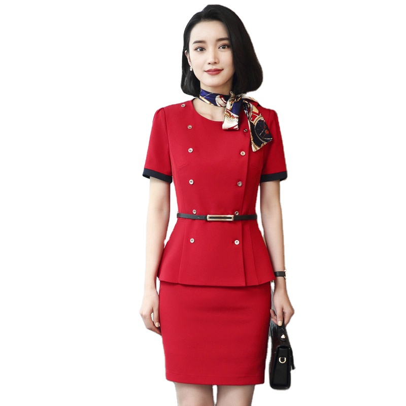 

Two Piece Dress Summer Occupation Suit Female Business Work Uniform Beautician Beauty Salon Work Clothing Airline Aviation Stewardess Uniforms, Blue coat skirt