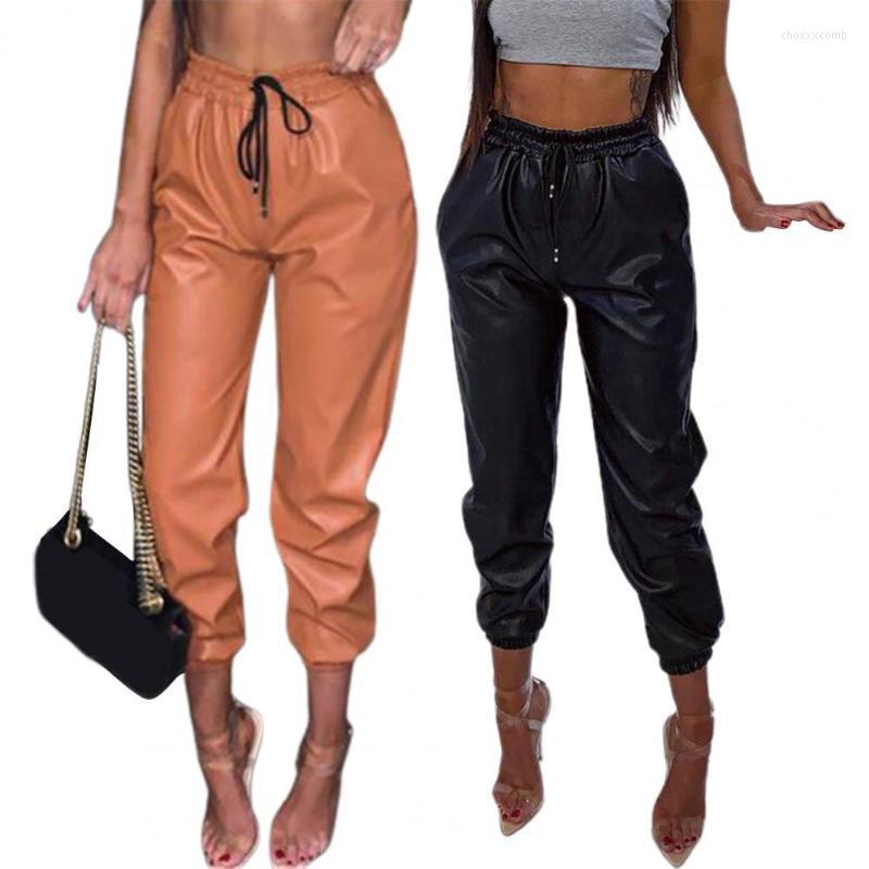 

Women's Pants & Capris 2022 Women Solid Color All Match Faux Leather Stretchy Loose-fitting Trousers Vintage Drawstring PU For Daily Wear, Brown