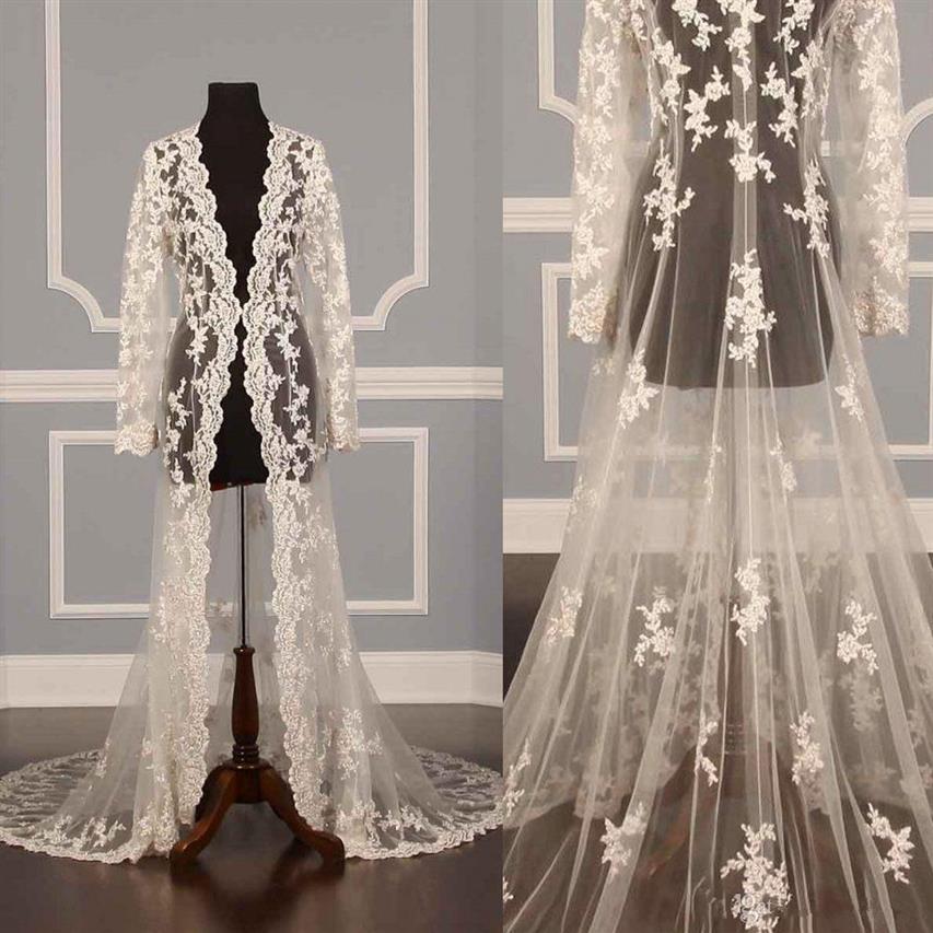

2019 New Design Lace Bridal Jackets Coat for Wedding Dress Long Sleeve See Through Lace Floor Length Bride Capes Wraps Custom Size243D, Blue