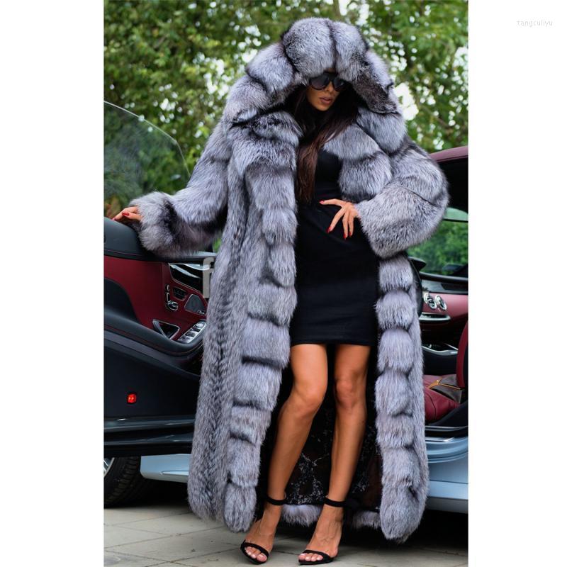 

Women's Fur & Faux 120cm Long Real Silver Coat With Hood Thick Warm Winter Overcoat Luxury Full Pelt Genuine Female Outfit, As picture