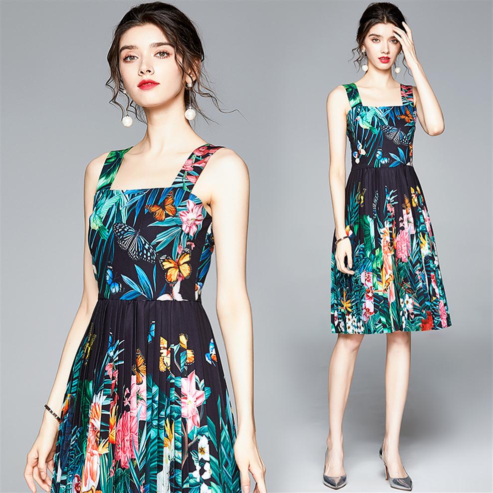 

Luxury Fashion Printed Halter Dress 2021 Runway Designer Summer Autumn Sleeveless Business Prom Office Ladies Slim A-Line Pleated 248s, 07