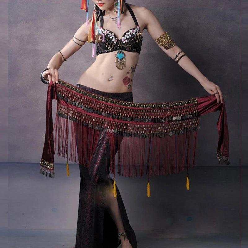 

Stage Wear Belly Dance Hip Scarf Coin Belt Tribal Costume Fringe Tassel Copper Dancing Waist Performance ScarfStage, Red