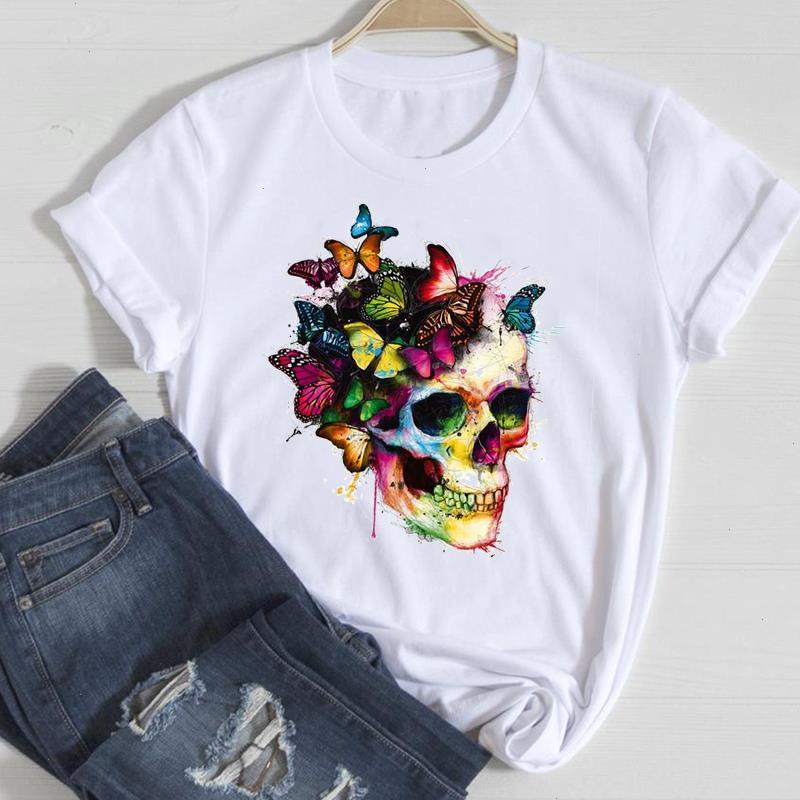 

T-shirts Women Skull Butterfly Tee Horror Fashion Spring Summer 90s Clothes Stylish Top Lady Print Girl T-shirt, Cz23308