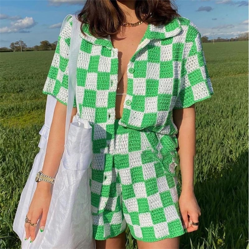 

Casual Knit Lounge Wear Women Tracksuit Summer Shorts Set Green Plaid Shirt Tops And Mini Loose Shorts Two Piece Set 220704, Green skirt