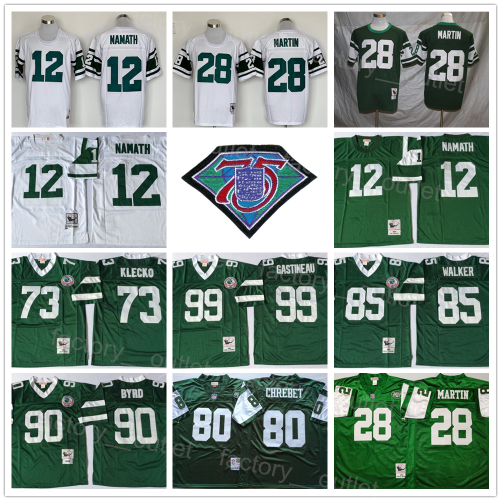 

Throwback 75th Football Mitchell and Ness 12 Joe Namath Jersey 73 Joe Klecko 99 Mark Gastineau 90 Dennis Byrd 85 Wesley Walker 28 Curtis Martin 80 Wayne Chrebet ncaa, Green