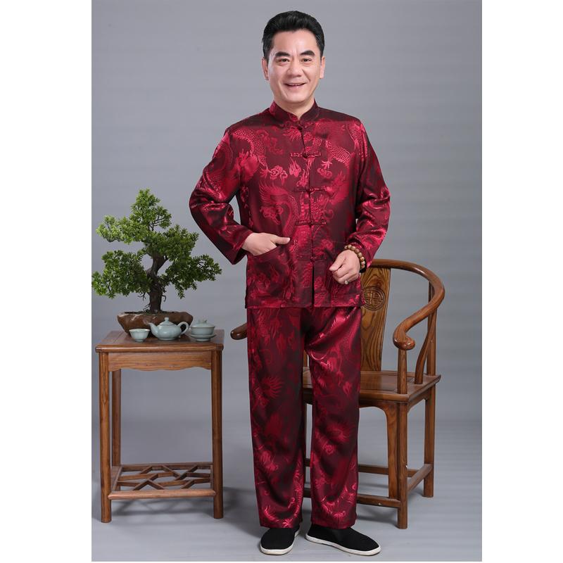 

Ethnic Clothing Men Satin Suit Chinese Dragon Wu Shu Uniform Tai Chi Long Sleeve Shirt Pant Red Sets High Quality 4XLEthnic EthnicEthnic
