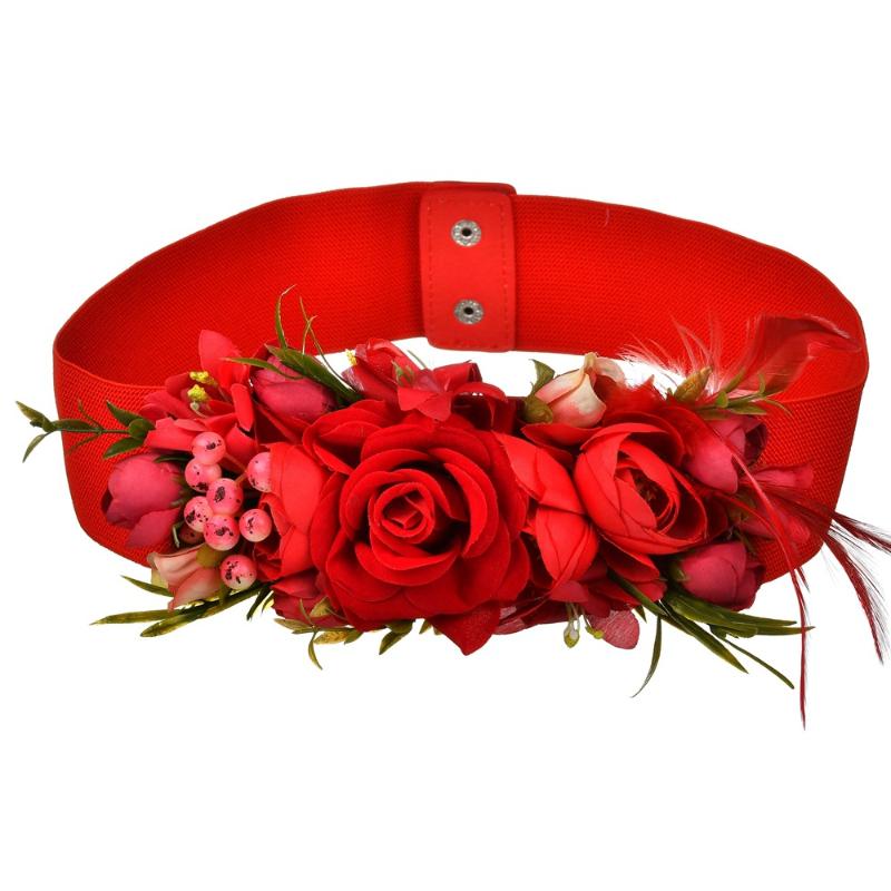 

Belts Wide Artificial Flowers Romantic Ladies Fashion Temperament Bride 70CM Elastic High Quality Accessories Rope Belt, Black