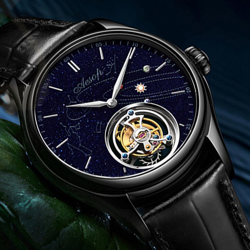 

Wristwatches Aesop Tourbillon Watch For Men Luxury Sapphire Waterproof 7025 Blue Stone Starry Sky Dial Leather Stainless Steel Band, 7025pbbb