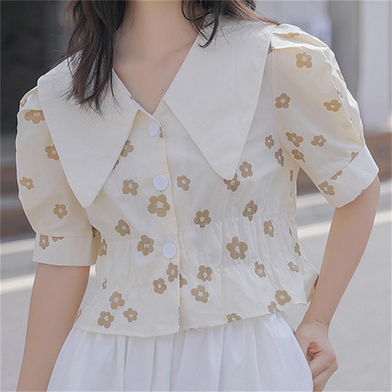 

Women's Blouses & Shirts HziriP Florals High Waist Printing Casual Lady Tops Summer Streetwear Sweet Slim Chic Femme Loose Versatile, White