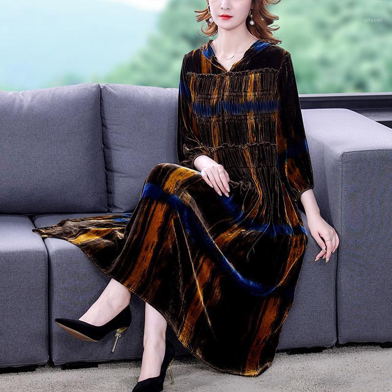 

Casual Dresses Fashion Jacquard Velvet Vintage Autumn Winter Women's Long Sleeve Elegant Hooded Pleated Ladies Printed Vestidos, As picture