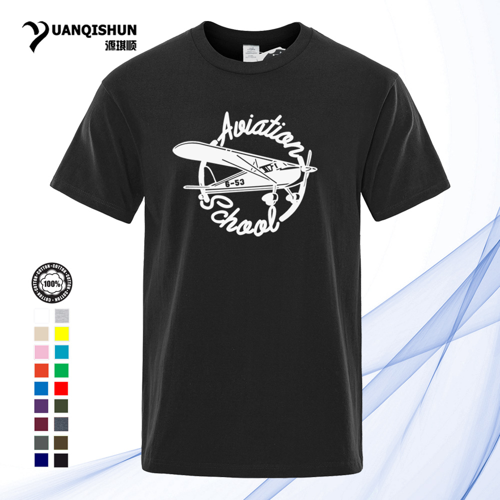 

YUANQISHUN Fashion Design T Shirt Aviation School Vintage Aircraft Printed Men T-shirts Summer 16 Colors Pure Cotton Short sleeves Tops Tee 1440-X, Black1