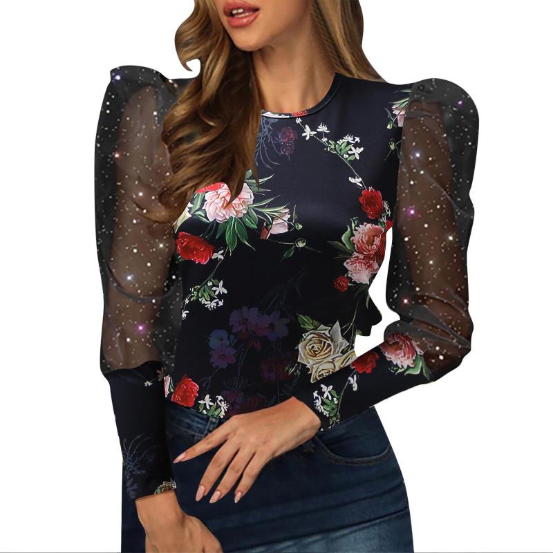 

Women's Blouses & Shirts Womens Long Thermal 2022 Women Sexy Top Round Neck Lace Sleeve Flower Print Princess Shirt WomenWomen's, Black