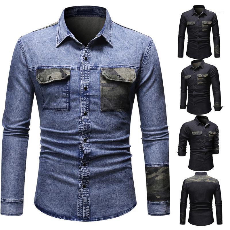 

Men's Fashion Leisure Brand Personality Business Long Sleeve Creative Patchwork Camouflage Denim Shirt Mens Shirts Dress Casual, Black