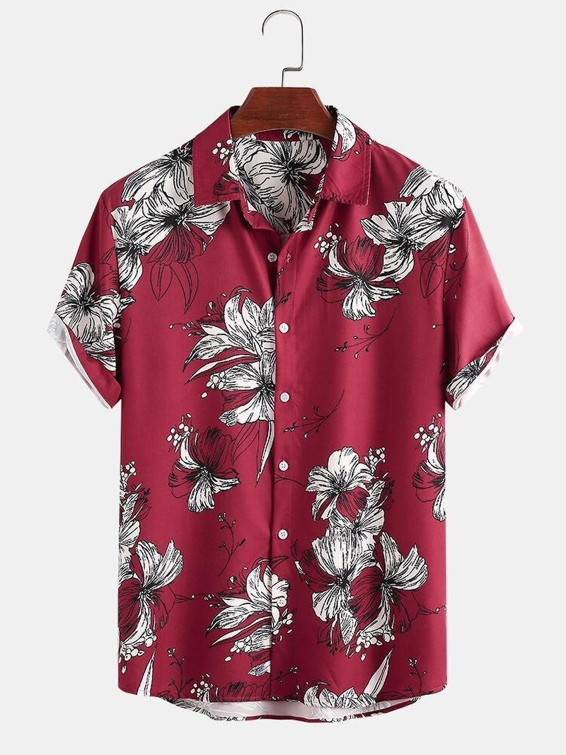 

Summer Style Printed Lapel European American Men' Clothing Loose Short-sleeved Shirt Camisas Para Hombre Casual Shirts, Blue-green