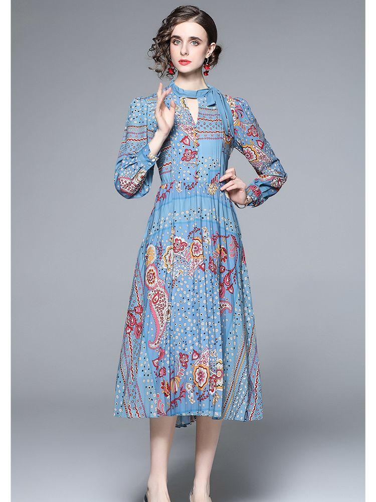 

Casual Dresses Runway Dress Spring Positioning Printed Hubble-bubble Sleeve V-neck Pleated Ribbon Printing Large Pendulum Long Is Female, Peacock blue color