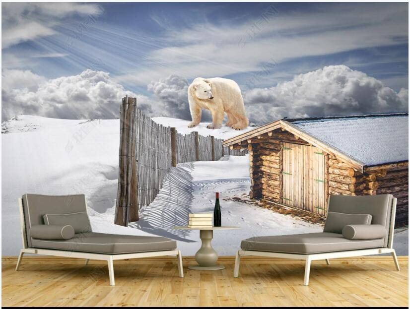 

3d wallpaper custom photo mural Polar bear and wooden house under the sunlight painting in the living room home decor 3D wall murals wallpapers for walls in rolls, Non-woven wallpaper